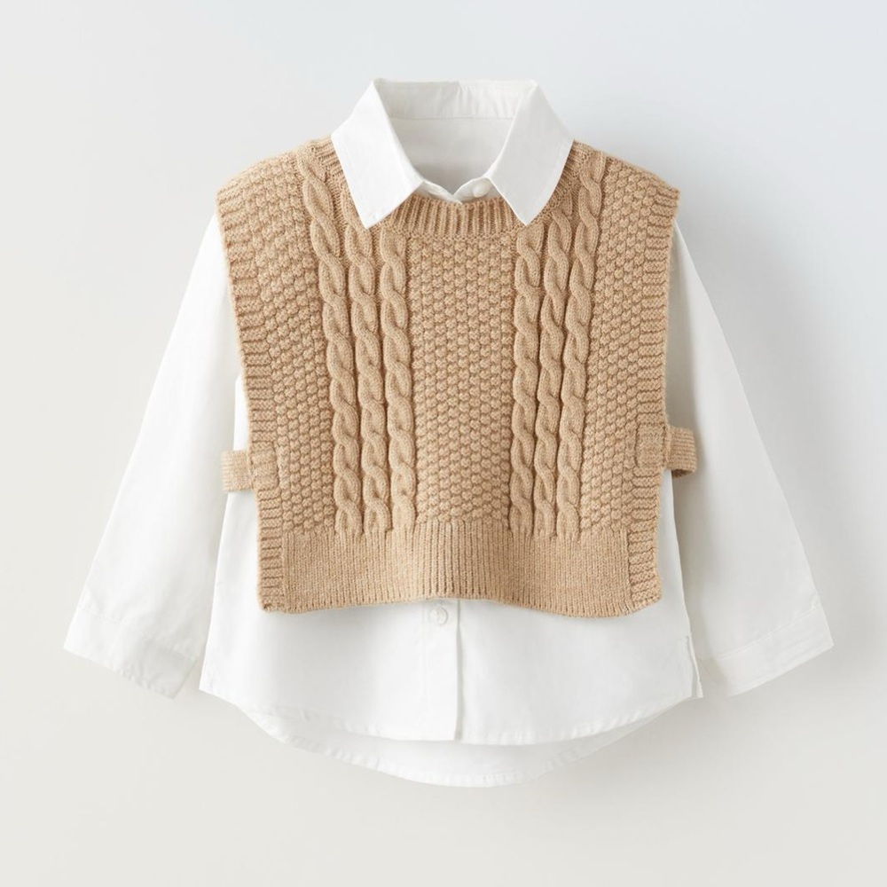 Zara Girls Tan Knit Vest with White Shirt and Pants
